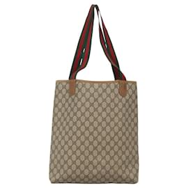 Gucci-GUCCI GG Supreme Web Sherry Line Tote Bag PVC Beige 89 02 003 Auth BA1076-Beige
