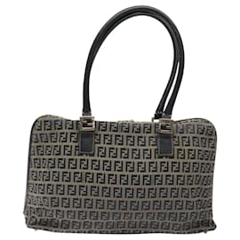 Fendi-FENDI Zucchino Canvas Hand Bag Navy Silver Auth 118049-Silvery,Navy blue
