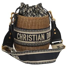 Christian Dior-Christian Dior Oblique Wicker Shoulder Bag Rattan Navy Brown gold Auth BA1114AM-Brown,Golden,Navy blue