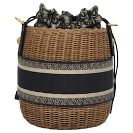Christian Dior-Christian Dior Oblique Wicker Shoulder Bag Rattan Navy Brown gold Auth BA1114AM-Brown,Golden,Navy blue