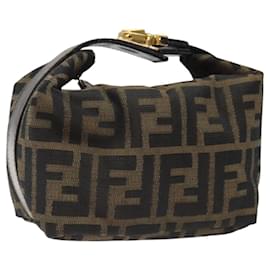 Fendi-Pochette de vanité en toile Zucca FENDI noire marron or Auth 118070-Marron,Noir,Doré
