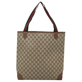 Gucci-GUCCI GG Supreme Web Sherry Line Tote Bag PVC Beige 002 904 0222 Auth BA1254-Beige