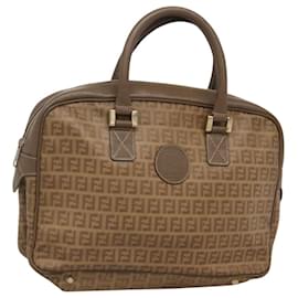 Fendi-FENDI Zucchino Canvas Hand Bag PVC Vintage Brown Gold Auth 117586-Brown,Golden
