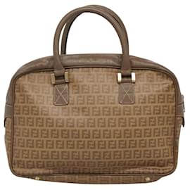 Fendi-FENDI Zucchino Canvas Hand Bag PVC Vintage Brown Gold Auth 117586-Brown,Golden