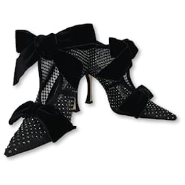 Jimmy Choo-Crystal mesh velvet bows pumps-Black,Silvery