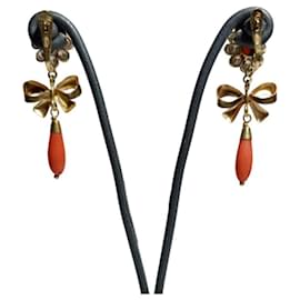 Autre Marque-Pendientes Largos Coral y Circonitas Oro 18K-Other