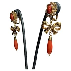 Autre Marque-Pendientes Largos Coral y Circonitas Oro 18K-Other