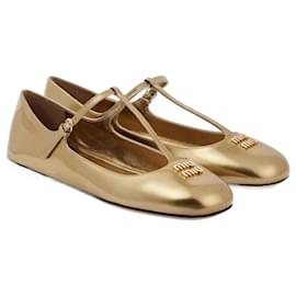 Miu Miu-MIU MIU Metallic leather ballet flats with logo-Golden