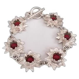 Autre Marque-Biche de bère - Rare & nearly new vintage bracelet with stylized flowers like red stars-Silvery,Red,Silver hardware