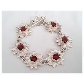 Autre Marque-Biche de bère - Rare & nearly new vintage bracelet with stylized flowers like red stars-Silvery,Red,Silver hardware