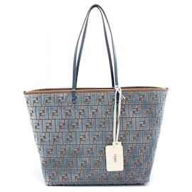 Fendi-Fendi Leather × Jacquard Velvet LARGE ROLL Tote Bag 8BH425AT14F1NQ0-Blue