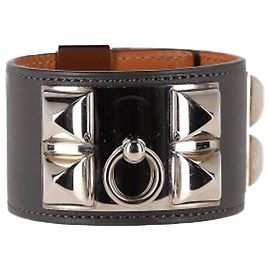 Bracelet Collier de Chien en cuir box noir plaqué palladium Hermès Noir