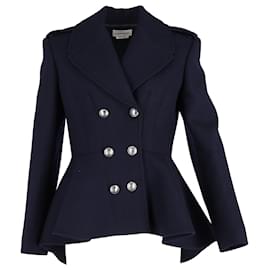 Alexander Mcqueen-Alexander McQueen Peplum-Hem Double-breasted Blazer In Navy Blue Wool-Blue,Navy blue