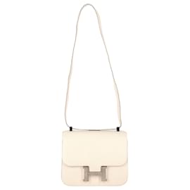 Hermès-Sac Constance Hermès en cuir blanc Evercolor plaqué palladium-Blanc,Écru