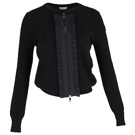 Cardigan zip-up in cotone nero con dettagli a volant Moncler Nero