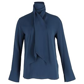 Joseph Bethan Bluse mit Schleifenkragen aus blauer Seide Blau