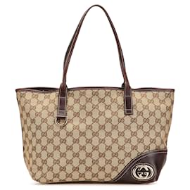 Gucci-Gucci Brown GG Canvas New Britt Tote-Brown,Beige,Dark brown