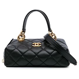 Chanel-Chanel Black Métiers d'Art CC Quilted Lambskin Box Top Handle Satchel-Black