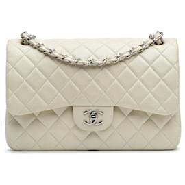 Chanel-Chanel Blanc Jumbo Classique Caviar Double Rabat-Blanc,Écru