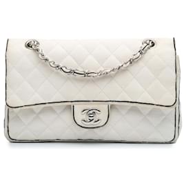 Chanel-Chanel Blanc Moyen Classique Imprimé Grosgrain Double Rabat-Blanc,Écru