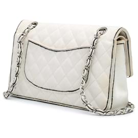 Chanel-Chanel White Medium Classic Printed Grosgrain Double Flap-White,Cream