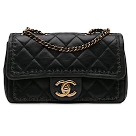Chanel-Chanel Noir Cuir Agneau Matelassé Point de Whipstitch Simple Rabat-Noir