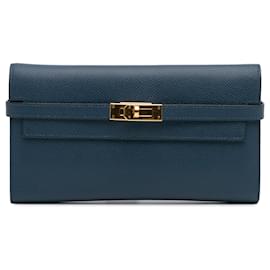 Hermès-Hermès Blue Epsom Kelly Longue Wallet-Blue,Dark blue