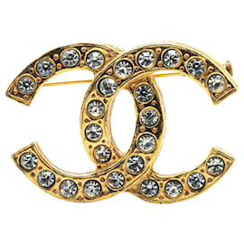 Chanel-Chanel Gold Gold Plated CC Rhinestone Brooch-Golden