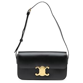 Céline-Celine Black Shiny Calfskin Triomphe Claude Shoulder Bag-Black