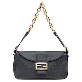 Fendi-Fendi Black Zucchino Spalmati Double Flap Chain Shoulder Bag-Black