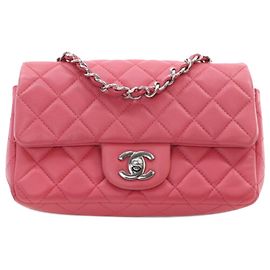 Chanel Mini Rectangular Clásico de Piel de Cordero Rosa con Solapa Simple Rosa
