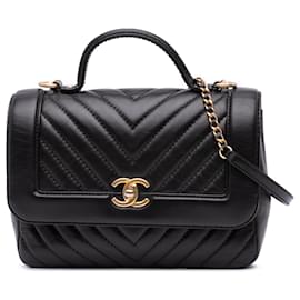 Chanel-Chanel Noir Matelassé Chevron Cuir de Veau Sac à Main à Poignée-Noir
