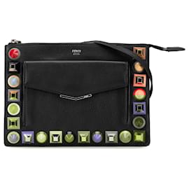 Fendi-Fendi Black Mini 2Jours Studded Leather Vitello Dolce Crossbody-Black