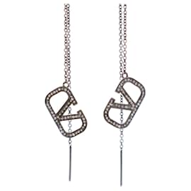 Valentino-Valentino Silver Brass and Rhinestone VLogo Threader Earrings-Silvery