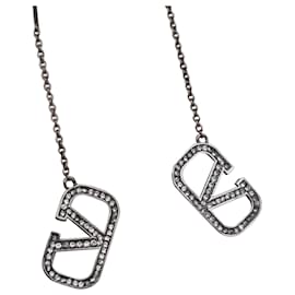 Valentino-Valentino Silver Brass and Rhinestone VLogo Threader Earrings-Silvery