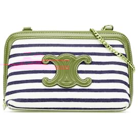 Céline-Celine White Striped Canvas Triomphe Chain Crossbody-White