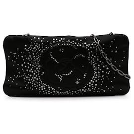 Chanel-Chanel Black Satin Diamante Camellia Clutch with Chain-Black