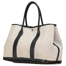 Hermès-Sac de jardin 36 en toile marron et cuir de buffle Hermès-Marron,Beige