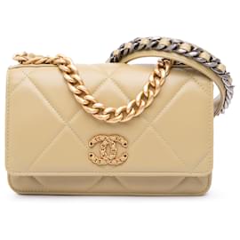 Chanel-Chanel Brown Quilted Lambskin 19 Portefeuille sur Chaîne-Marron,Beige