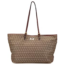Fendi-Fendi Brown Zucchino Canvas Tote-Brown,Beige