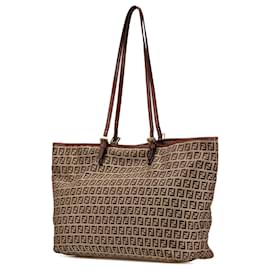 Fendi-Fendi Brown Zucchino Canvas Tote-Brown,Beige