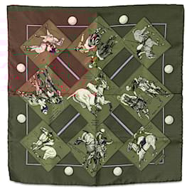 Hermès-Hermès Brown Le Monde du Polo Pocket Square Silk Scarf-Brown