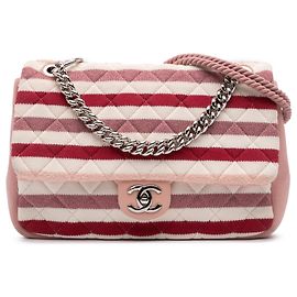 Chanel Rosa Jumbo Listrado Jersey Feltro e Corda Flap Rosa