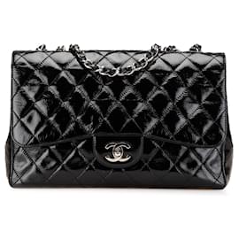 Chanel-Chanel Noir Jumbo Classique Verni Froissé Simple Rabat-Noir