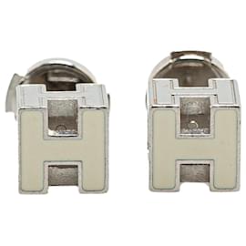 Hermès-Boucles d'oreilles Hermès en argent plaqué palladium Cage d'H Push Back-Autre,Écru