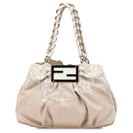 Fendi-Fendi Brown Floral Embroidered Canvas Mia Chain Tote-Brown,Beige