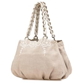 Fendi-Fendi Brown Floral Embroidered Canvas Mia Chain Tote-Brown,Beige