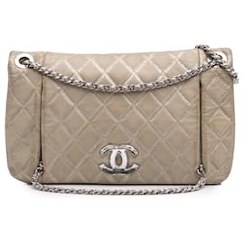 Chanel-Chanel Brown Quilted Metallic Distressed Lambskin CC Crystal Flap-Brown,Beige
