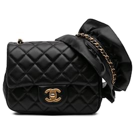 Chanel-Chanel Mini Sac Carré Noir en Agneau Romance à Rabat Unique-Noir