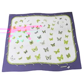 Hermès-Écharpe en coton Hermes en vert, violet et blanc-Blanc,Vert,Violet